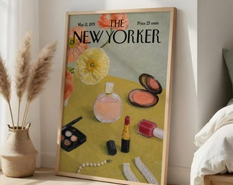 New Yorker Makeup Wall Art, Vintage Beauty Poster, Perfume and Lipstick Print, Feminine Vanity Decor, Retro Magazine Artwork