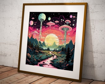 Fantasy Alien Landscape Art Print | Psychedelic Space Scenery | Digital Download, Sci-Fi Nature Wall Art, Extraterrestrial Decor