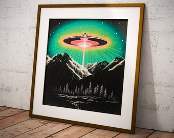 Retro Sci-Fi Spaceship Art Print #6 | Vibrant Pop Art UFO Decor | Digital Poster, AI Artwork, Instant Download