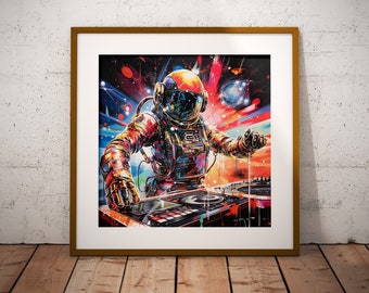 Astronaut DJ Art Print #2 | Cosmic Disco Wall Art | Space-Themed Party Decor, Digital Download, Galactic Music Poster