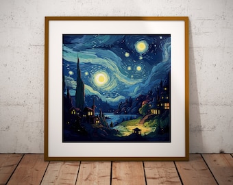 Enchanted Night Sky Art Print | Van Gogh Inspired Digital Wall Art | Starry Landscape, Printable Home Decor, Celestial Art