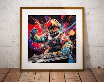 Astronaut DJ Art Print #1 | Cosmic Disco Wall Art | Space-Themed Party Decor, Digital Download, Galactic Music Poster