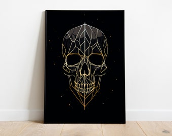 Geometric Gold Skull Art Print #3 | Modern Gothic Wall Decor | Digital Download, Black and Gold Home Decor, Printable Artwork