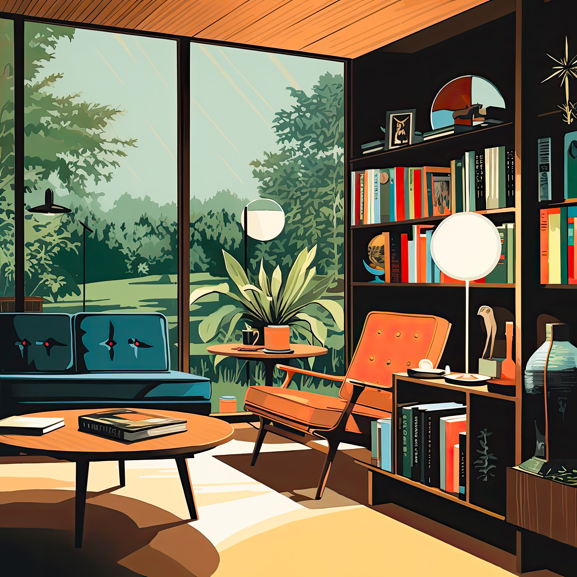 Mid-century Modern Interior Art Print Cozy Retro Living Room Digital ...