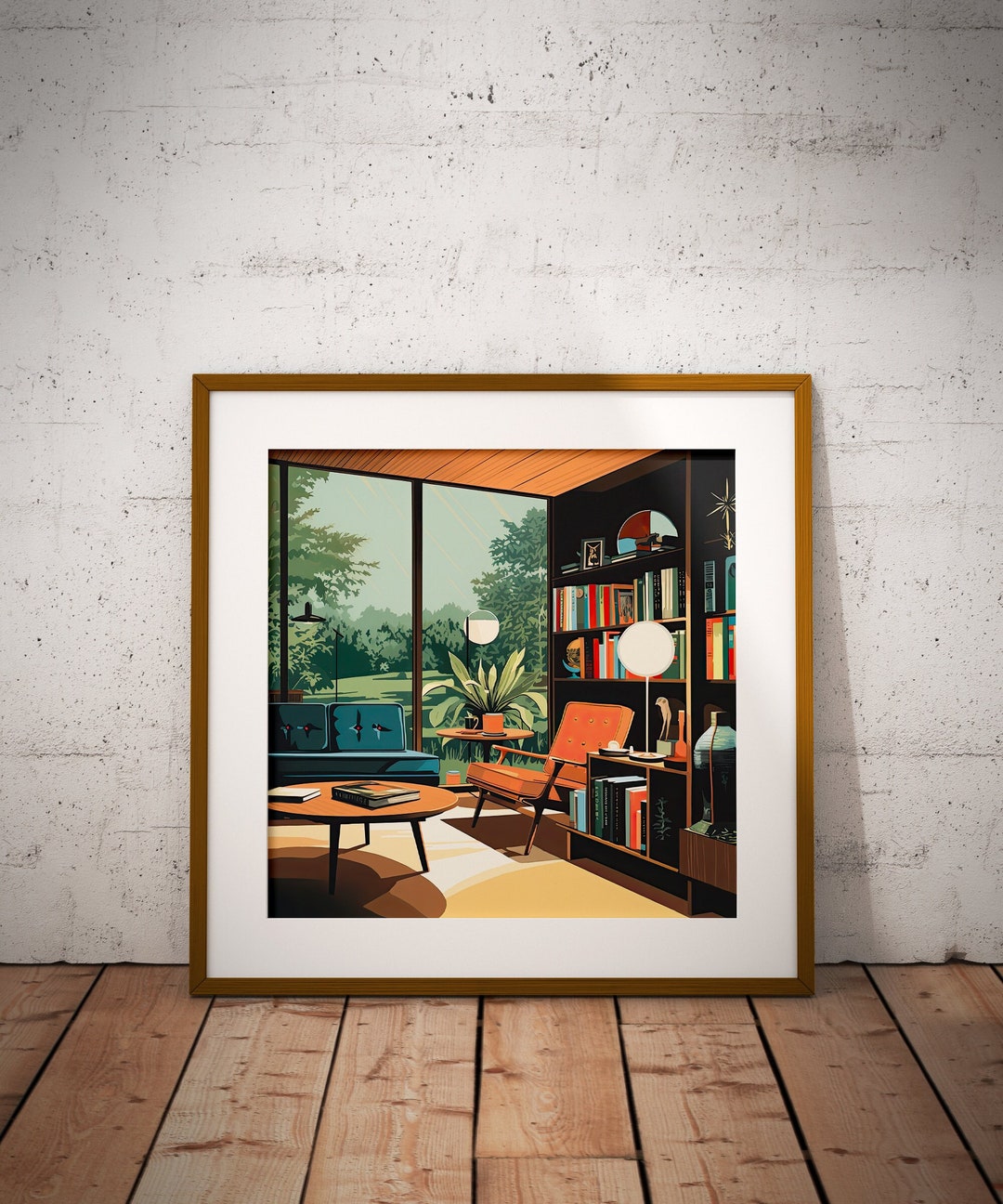 Mid-century Modern Interior Art Print Cozy Retro Living Room Digital ...