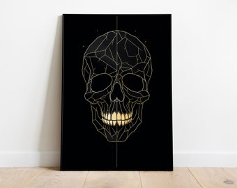 Geometric Gold Skull Art Print #6 | Modern Gothic Wall Decor | Digital Download, Black and Gold Home Decor, Printable Artwork