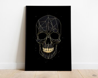 Geometric Gold Skull Art Print #4 | Modern Gothic Wall Decor | Digital Download, Black and Gold Home Decor, Printable Artwork