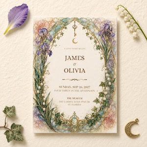 May include: A rectangular wedding invitation card featuring an oval gold frame adorned with purple irises, lily of the valley, and ivy. The text reads: A LOVE STORY BEGINS, JAMES & OLIVIA, SUNDAY, SEP 26, 2027, FOUR THIRTY IN THE AFTERNOON, THE MUSEUM, THE GARDEN, 34569, PINE DR. ST. FLORIDA.