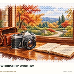 The Workshop Window Cross Stitch Pattern PDF, Vintage Camera and Autumn Garden View
