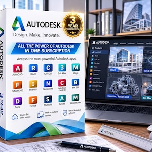 Puede incluir: Una caja de software Autodesk blanca con una insignia de suscripción de 3 años, una lista de aplicaciones que incluye AutoCAD, Revit y Maya, y el texto All the power of Autodesk in one subscription. Un portátil, un bolígrafo y una regla son visibles.