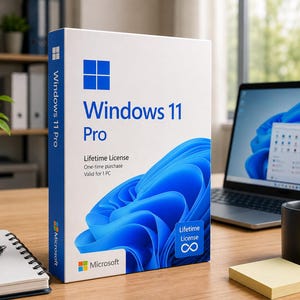 May include: A white rectangular software box for Windows 11 Pro featuring the blue Windows logo, the text Windows 11 Pro, Lifetime License, One-time purchase, Valid for 1 PC, and the Microsoft logo. The box displays a blue abstract wave graphic.