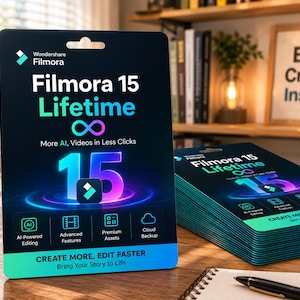 Peut inclure: Une carte de logiciel rectangulaire noire pour Wondershare Filmora 15 Lifetime. La carte présente le texte Filmora 15 Lifetime, un symbole infini et le slogan More AI, Videos in Less Clicks. Des icônes pour l'édition assistée par IA sont incluses.