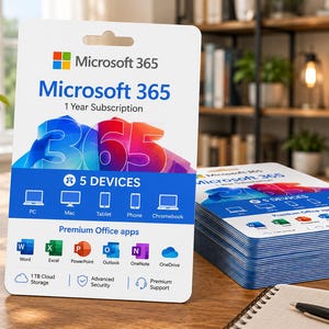 May include: A white Microsoft 365 1-year subscription card featuring a colourful 365 logo, text indicating 5 devices, and icons for PC, Mac, tablet, phone, and Chromebook. The card displays premium Office app logos for Word, Excel, PowerPoint, Outlook, OneNote, and OneDrive.