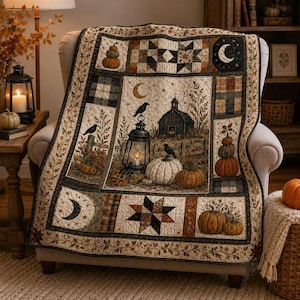 May include: A quilted throw blanket featuring a central scene of a lantern, pumpkins, and a barn with crows. The border includes blocks with stars, moons, and stacked pumpkins in shades of orange, brown, black, and cream with a leaf pattern.