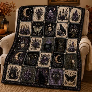 May include: A quilted throw blanket featuring a grid of square panels with illustrations of crescent moons, lavender bouquets, purple crystals, glass bottles, a moth, a raven, a black cat, a cauldron, and a book labelled Crystal Moon Magic.