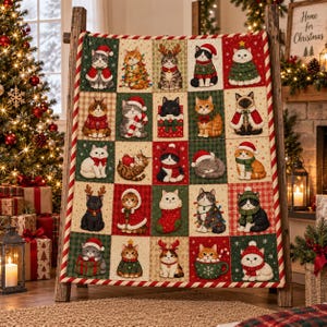 Könnte beinhalten: Eine rechteckige Steppdecke mit einem Raster aus fünfundzwanzig Quadraten, die jeweils eine andere Illustration einer Katze im Weihnachtsthema zeigen. Die Katzen sind mit festlichem Zubehör wie Weihnachtsmützen, Schals und Ornamenten auf rotem, grünem und cremefarbenem Grund dargestellt.