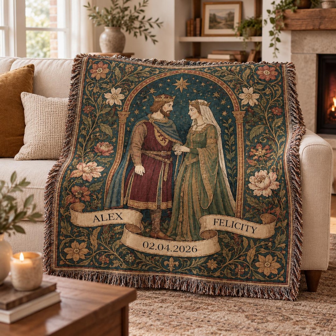 Personalized Medieval Couple Woven Throw Blanket, Custom King Queen ...