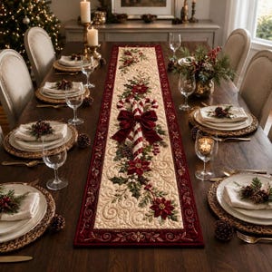 May include: A rectangular quilted table runner featuring a cream-colored center with a repeating pattern of red poinsettias, green holly leaves, pinecones, and a central pair of candy canes tied with a large, deep red velvet bow, bordered in dark red.
