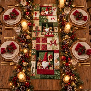 Christmas Gnome Table Runner, Quilted Holiday Table Runner, 3D Gnome Christmas Gift Design, Red Green Patchwork Table Decor