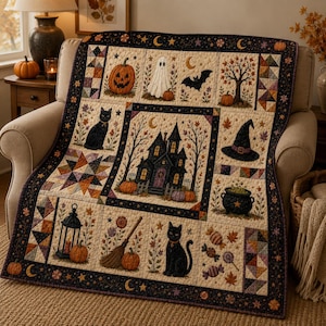 May include: A rectangular quilt featuring a central haunted house illustration surrounded by blocks depicting a ghost, black cats, pumpkins, a witch hat, a cauldron, a broom, a lantern, and autumn leaves, all framed by a dark border with stars and moons.