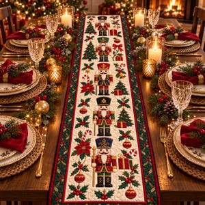 May include: A long rectangular table runner featuring a repeating pattern of five nutcracker figures, Christmas trees, wrapped gifts, candy canes, and holly berries on a cream background with dark green borders and red trim.