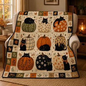 May include: A quilt featuring a grid of nine squares, each displaying a black cat and a pumpkin. The pumpkins vary in color and pattern, including orange, green, and cream with floral or heart motifs. The border is decorated with autumn leaves.
