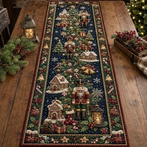 Könnte beinhalten: Ein rechteckiger Tischläufer aus Stoff mit einem dunkelblauen Mittelteil, der weihnachtliche Motive wie Nussknacker, Lebkuchenhäuser, Zuckerstangen, Tannenbäume und Christbaumkugeln zeigt, umrandet von einem grünen und roten Stechpalmenmuster.