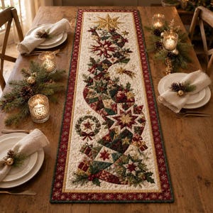 Peut inclure: Un chemin de table matelassé rectangulaire présentant un motif de Noël festif avec des étoiles, du houx et des cadeaux dans des tons rouge, vert et doré. Le centre est crème avec une bordure rouge foncé ornée de petits flocons blancs.