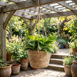 May include: A hanging planter made of thick, natural-colored coiled rope, containing a lush green plant with broad, pointed leaves. The planter is suspended by three sturdy rope strands that meet at a single point above the container.