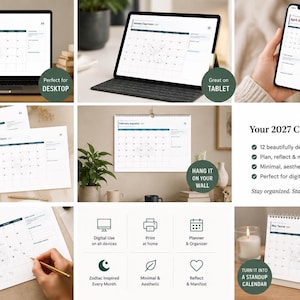 Op de afbeelding: Een kosmische kalender voor 2027 met 12 maandelijkse pagina's in sterrenbeeldthema. De set bevat digitale versies voor desktop, tablet en telefoon, naast printbare formaten voor aan de muur of als staande bureaukalender.