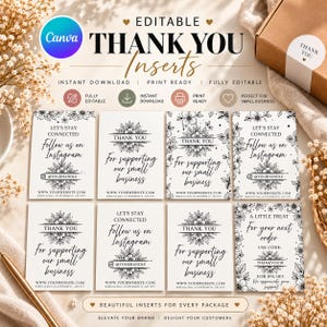 May include: A set of eight rectangular thank you inserts featuring black floral illustrations and text on a white background. The cards include phrases like Thank You, Let's Stay Connected, and Follow us on Instagram, with placeholders for website and social media handles.
