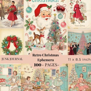 May include: A collection of retro Christmas ephemera for a junk journal, featuring 100 pages measuring 11 x 8.5 inches. The imagery includes vintage illustrations of Santa Claus, a deer, Christmas trees, wreaths, and people in mid-century attire.