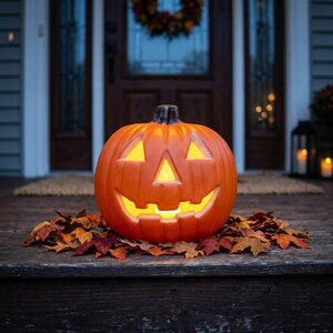 Puede incluir: Una calabaza jack-o'-lantern de color naranja brillante con un patrón tallado de ojos y nariz triangulares y una amplia sonrisa dentada. La calabaza está iluminada desde el interior por una luz amarilla cálida y rodeada de hojas.