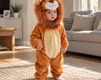 Baby Lion Costume, Toddler Lion Onesie, Plush Animal Jumpsuit, Halloween Costume, Safari Birthday Outfit, Cozy Animal Dress Up