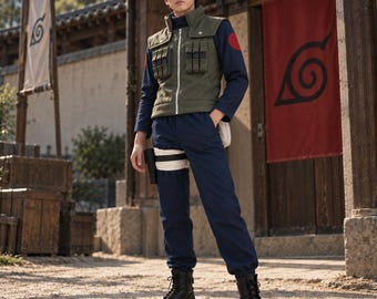 Costume de cosplay de Kakashi Hatake, ensemble unisexe comprenant un gilet, un pantalon et une pochette de ninja pour Halloween.