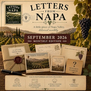 May include: A subscription box set titled Letters from Napa featuring a brown paper envelope with a wax seal, a fountain pen, a Napa Valley postcard, a history card, a recipe card, and a monthly surprise card, all displayed on a wooden surface.
