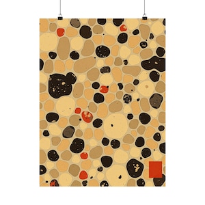 Peut inclure: Une impression d'art mural rectangulaire présentant un motif répétitif de formes arrondies rappelant des galets dans des tons beige, ocre, brun foncé et noir. Plusieurs petits accents circulaires rouge orangé vif sont dispersés, avec un rectangle rouge uni dans le coin inférieur droit.