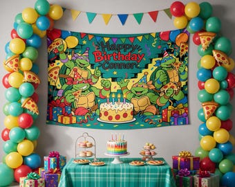 Bannière d'anniversaire personnalisée Tortues Ninja, toile de fond personnalisée avec nom, tapisserie d'anniversaire pour enfants, décoration murale dessin animé, bannière pour photomaton