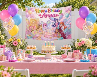 Striscione di compleanno Winx Club, sfondo personalizzato con nome, arazzo per feste a tema fate Bloom Stella Flora con ganci