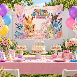 Personlig Pokémon Eevee födelsedagsgobeläng, Anpassad namn Pokémon GO festbakgrund, Eeveelution gobeläng med krokar, barnfödelsedagsdekor