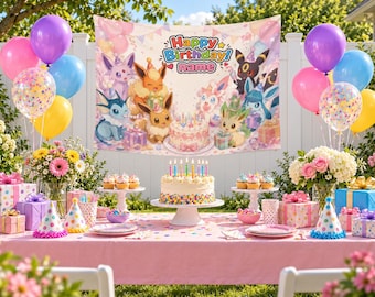 Personalized Pokemon Eevee Birthday Tapestry, Custom Name Pokemon GO Party Backdrop, Eeveelution Tapestry with Hooks, Kids Birthday Decor