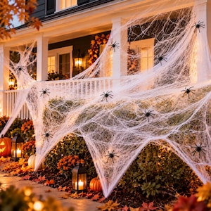 May include: A white synthetic spider web decoration stretched across a porch and bushes, featuring multiple black plastic spider figures attached to the webbing. The scene includes orange pumpkins and black lanterns with lit candles on the ground.