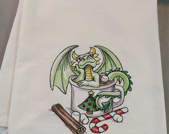 Tea towel flour sack towel Christmas gift baby dragon hot cocoa gift. Machine embroidery personalized free, Nerd, gamer gift for Christmas