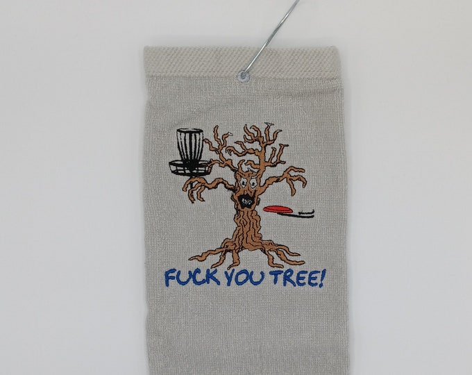 Disc Golf Towel, Fuck you tree with beer, Funny disc golf gift with mature humor, Custom made embroidery personalized, Frisbee sweat