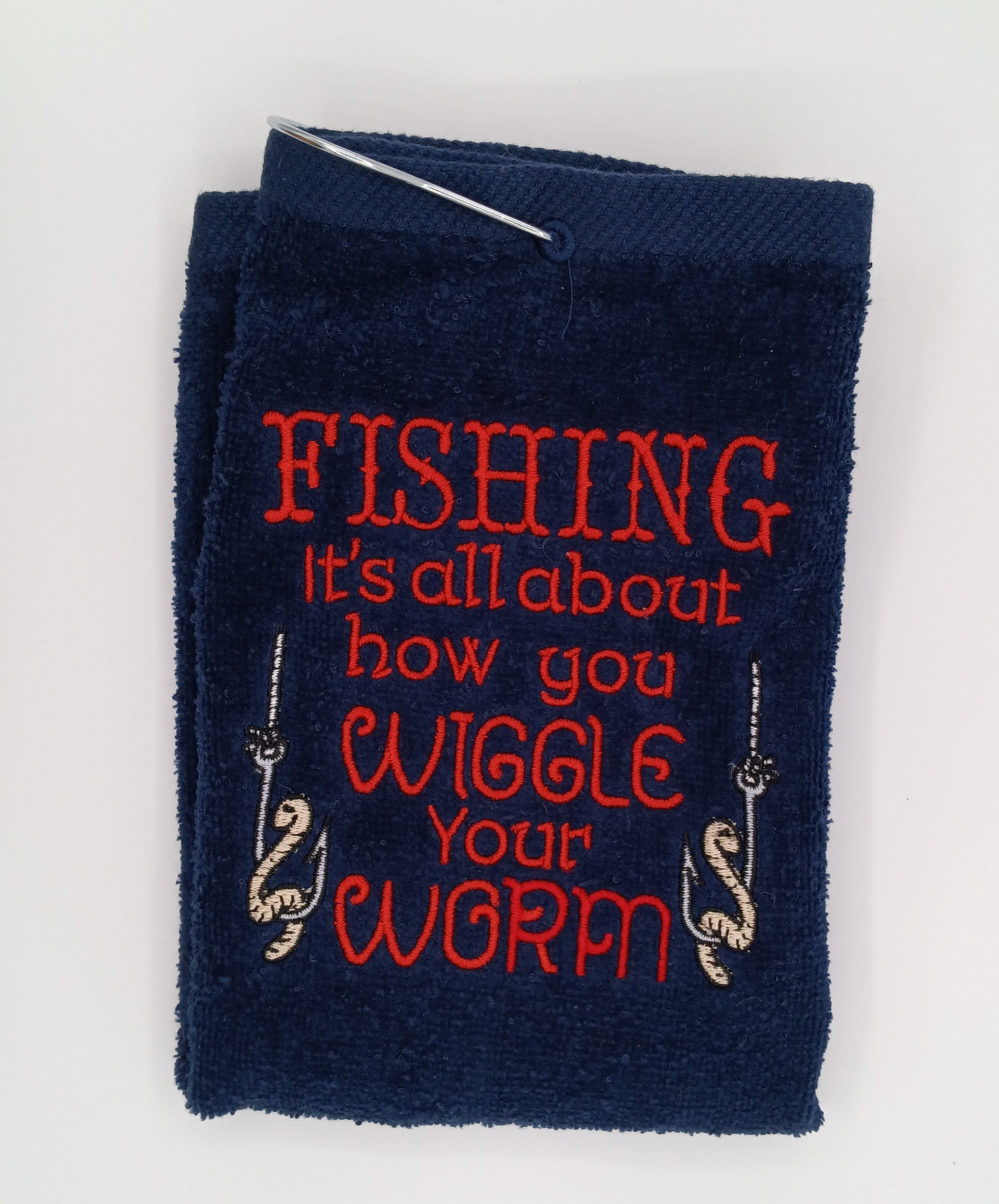 Fishing towel gift wiggle your worm. Embroidered personalized for free.  Gift for the fisherman with a snarky of humor. Fish gift