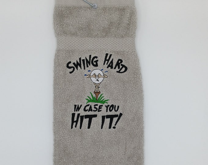 Golf towel swing hard. Funny golf gift for anyone men and women. Personalized for free. Fun useful golf accessory. Humorous golf towel