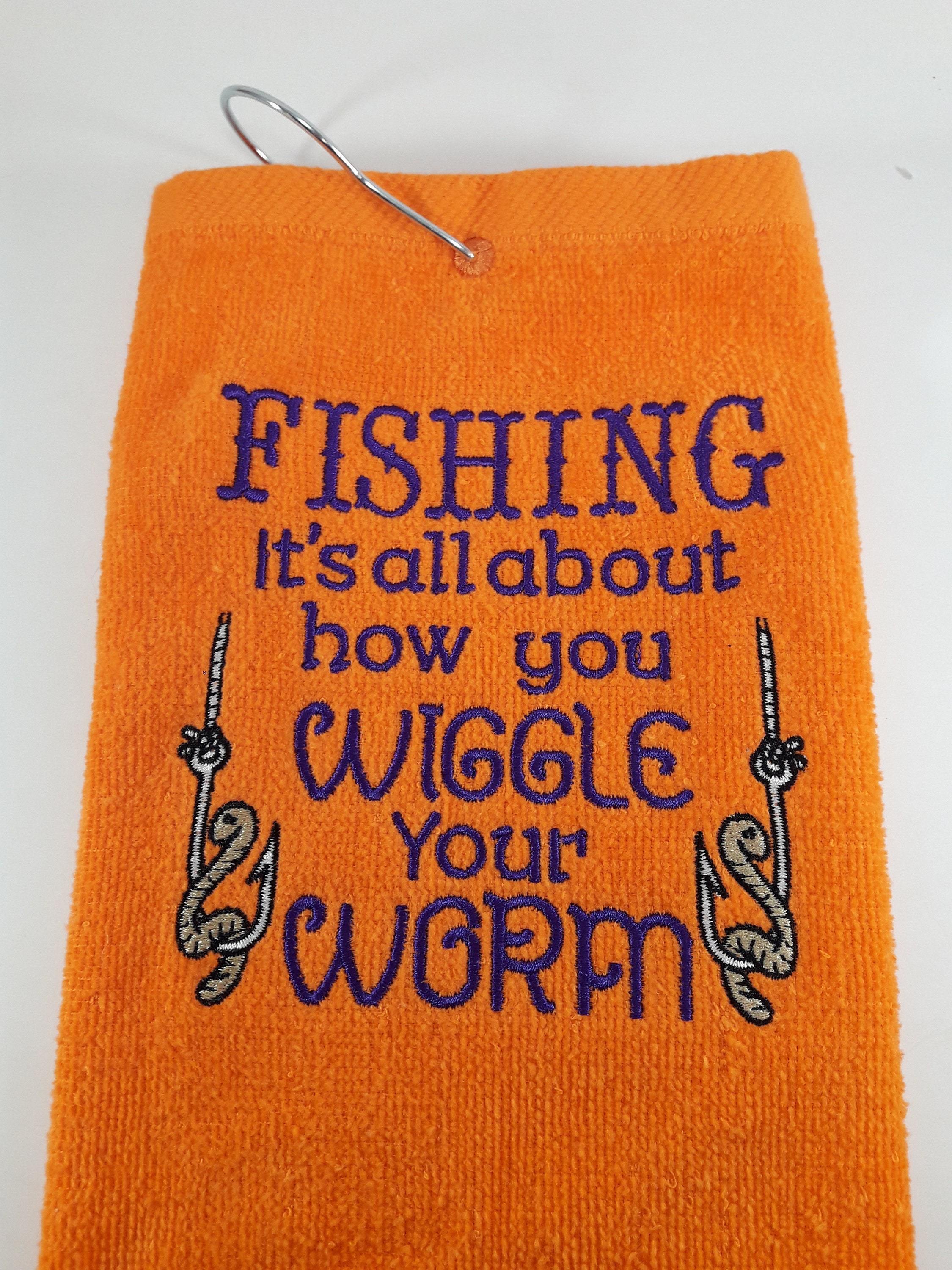 Fishing towel gift wiggle your worm. Embroidered personalized for