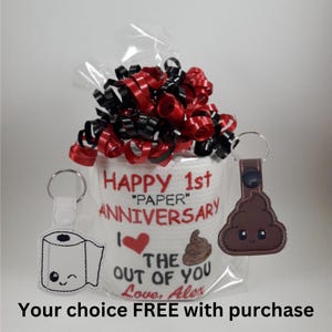 Anniversary gift for 1st wedding paper personalized funny, I love the out of you, embroidered toilet paper for paper, couples gag gift.