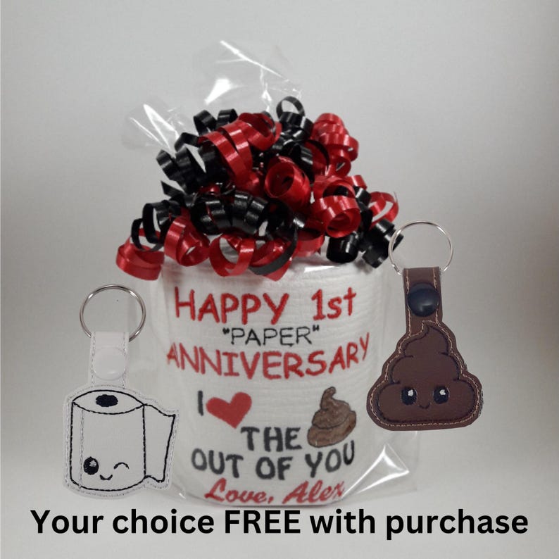 Anniversary gift for 1st wedding paper personalized funny, I love the out of you, embroidered toilet paper for paper, couples gag gift.