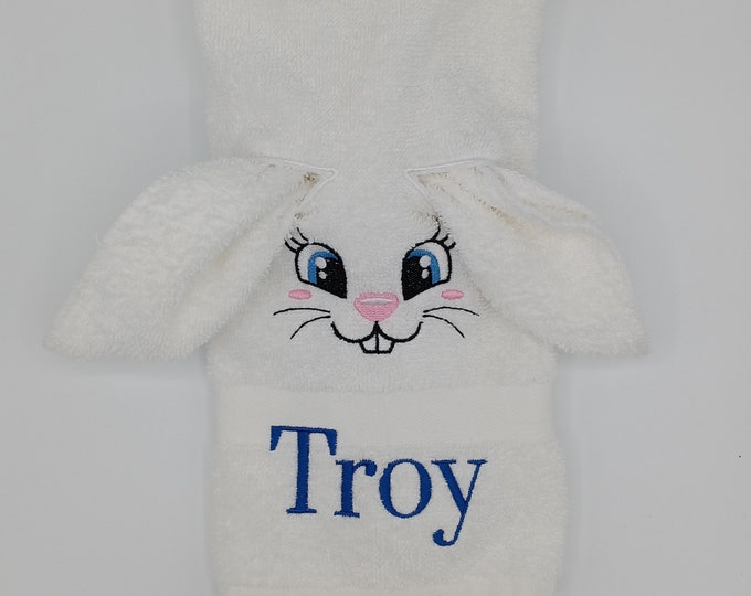 Easter bunny towel with wash cloth for ears, Embroidered hand towel, Rabbit lover useful gift, Personalized, custom embroidery monogrammed